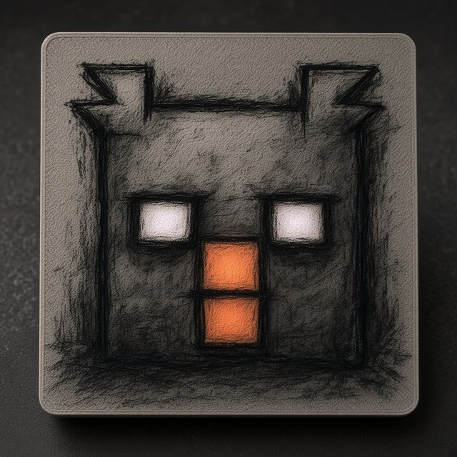 Eight: a charcoal square plate with a sketched owl face, two white square eyes and a stacked amber beak.