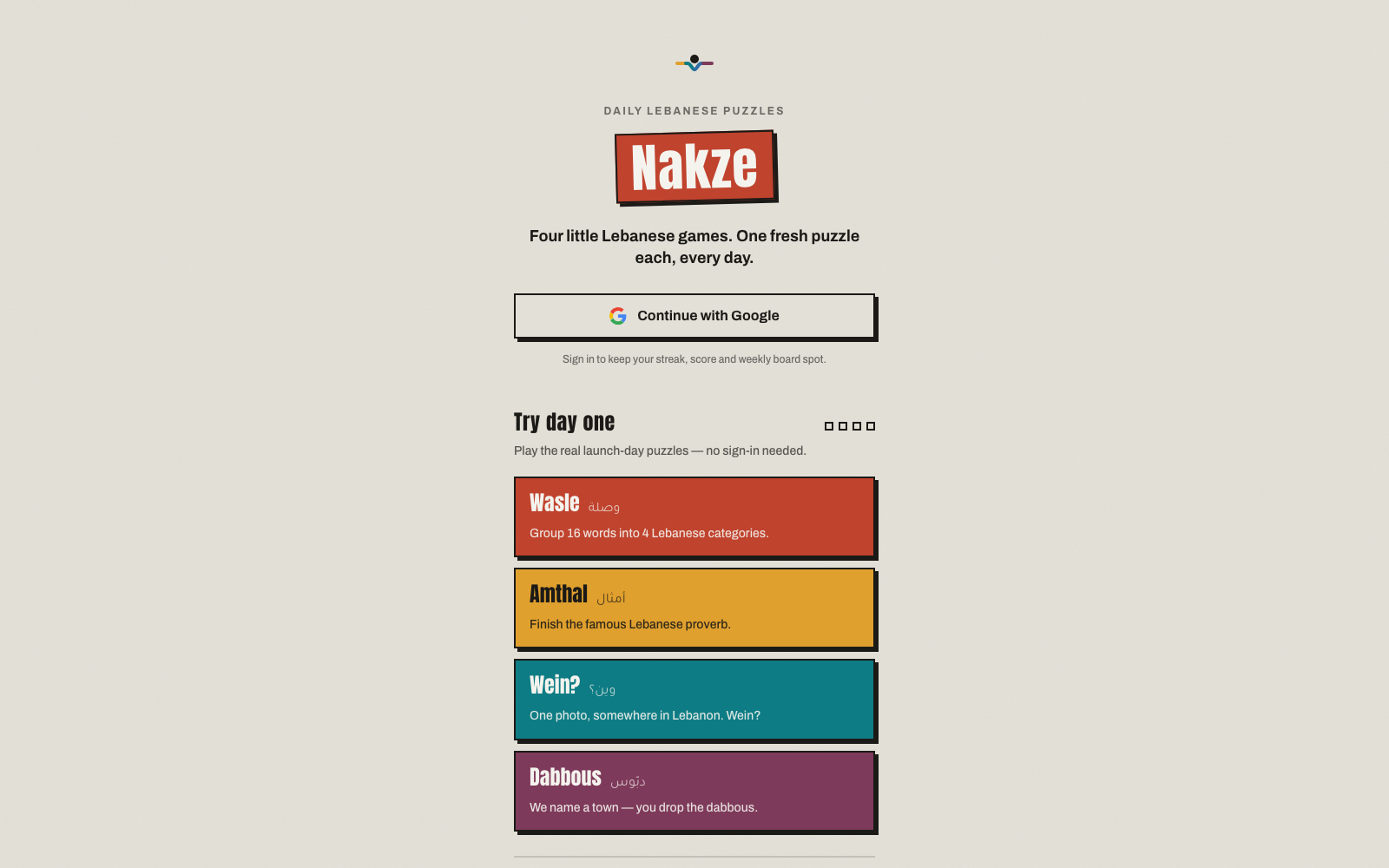 The Nakze landing: four limestone game panels with hard offset shadows under the brick-red slanted sign.
