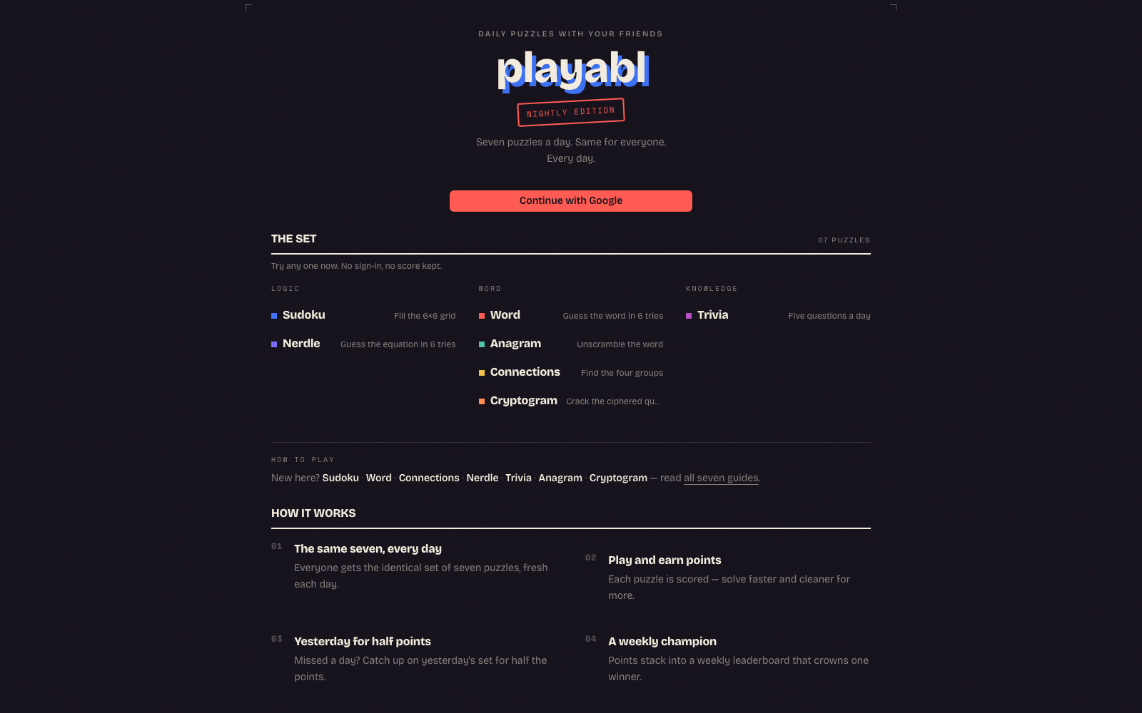 The Playabl today page: the Night Press masthead over a two-column ink grid of the seven daily games.