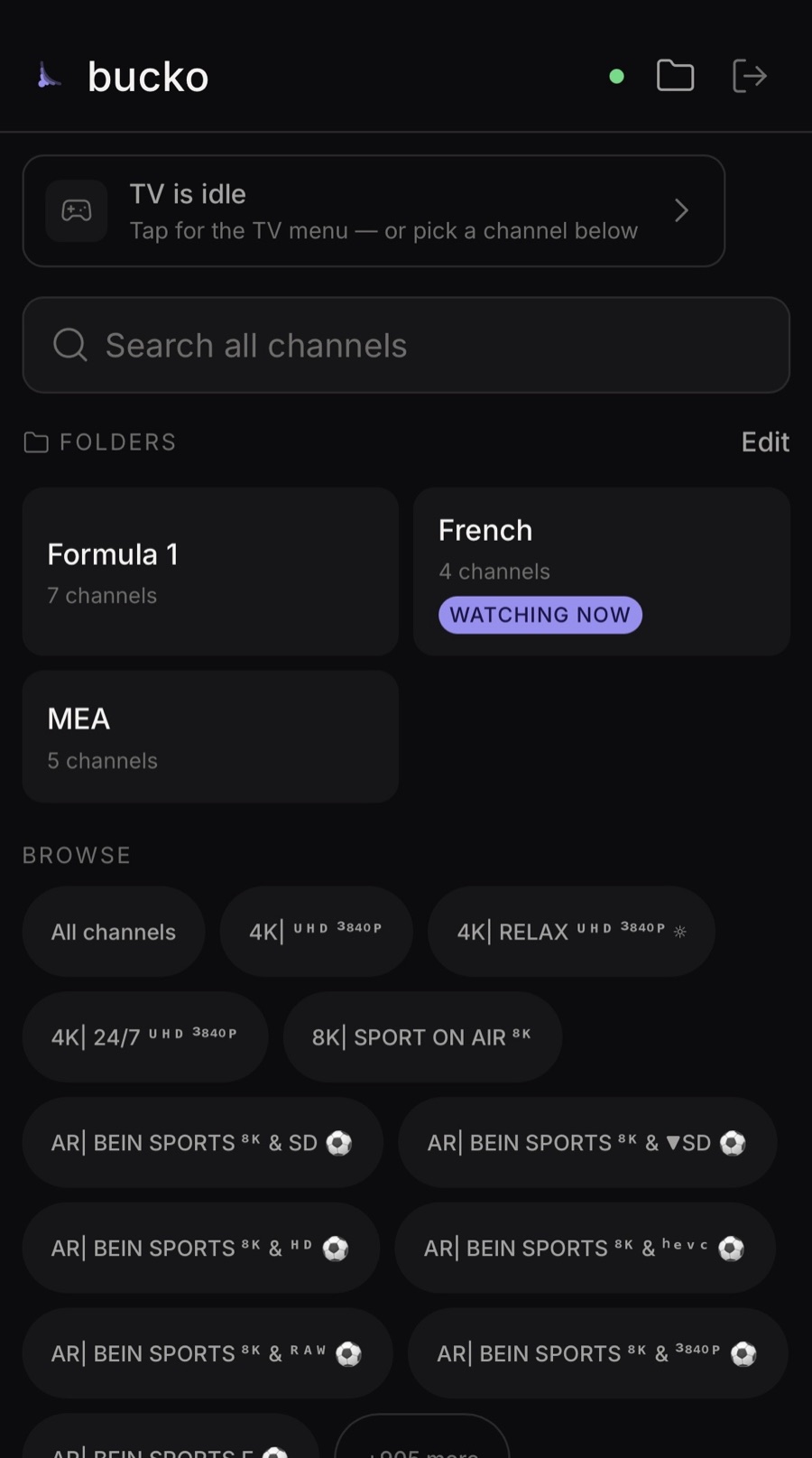 The remote's home: a TV is idle card, search, and folders, with French marked WATCHING NOW.